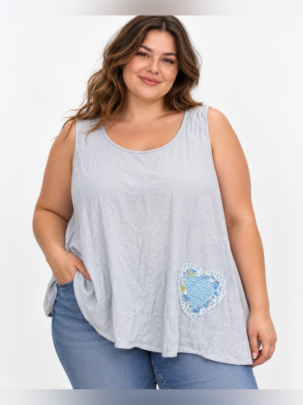 SHEIN Curve 5XL Light Blue Heart Patchwork Tank Top Cottagecore Plus Size